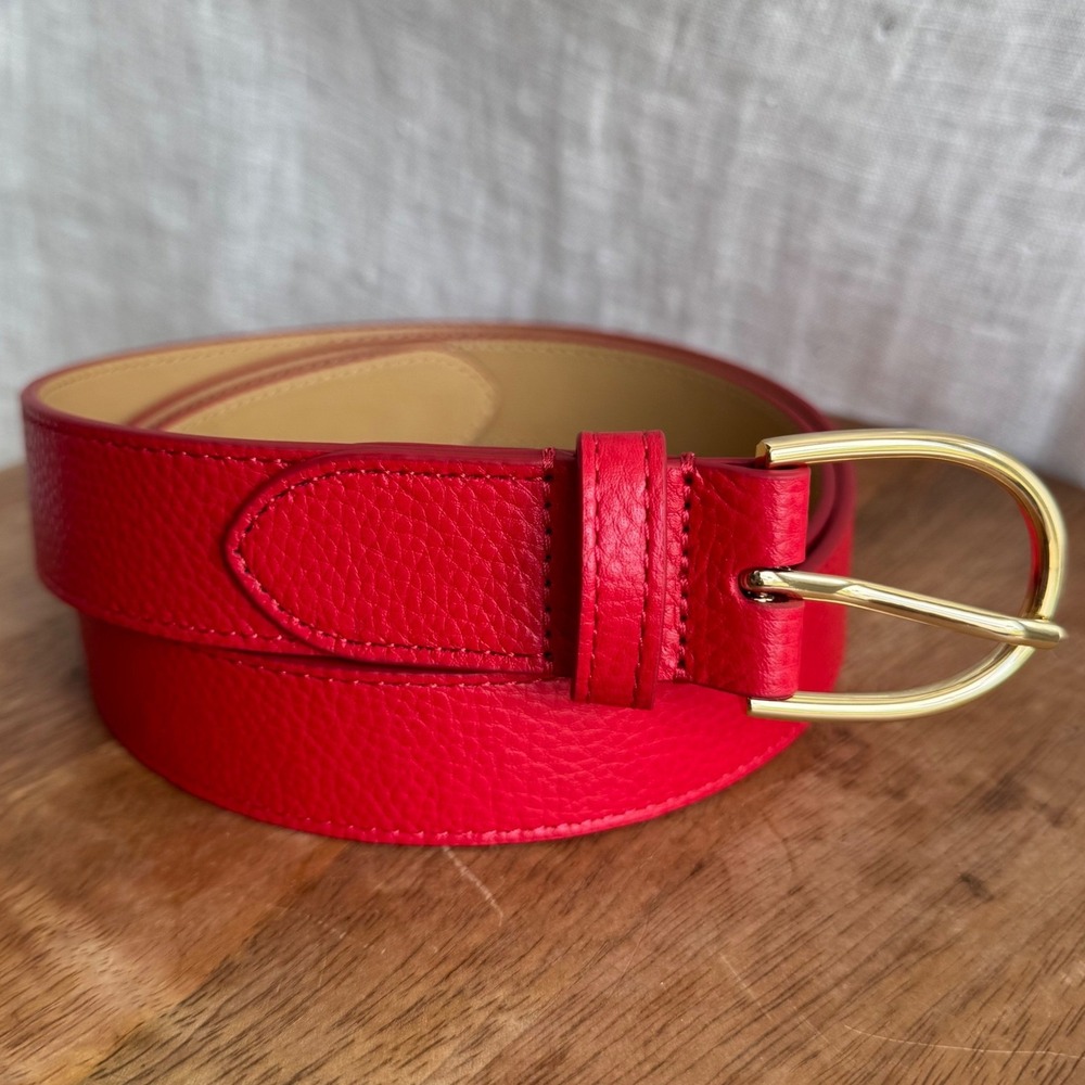 New Talbots Womens Leather Belt XL Red Pebbled Gold Buckle 48 in